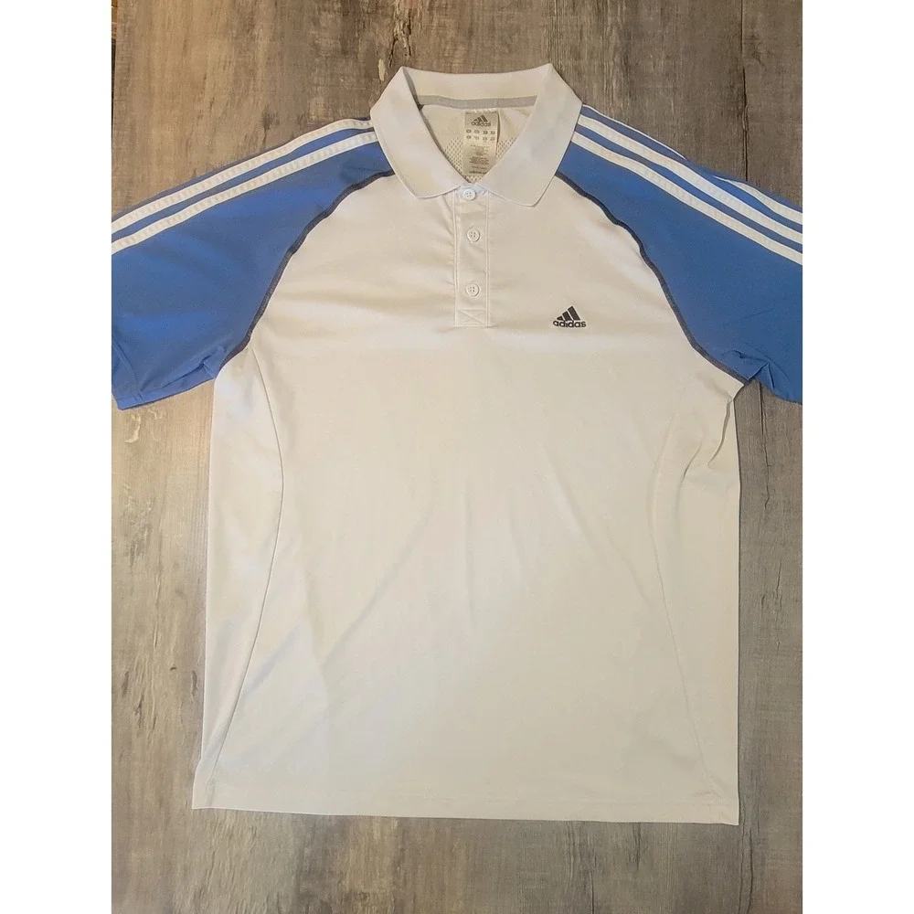 Adidas Clima365 Mens Polo Shirt Large White Blue ClimaCool Golf Athletic Tee